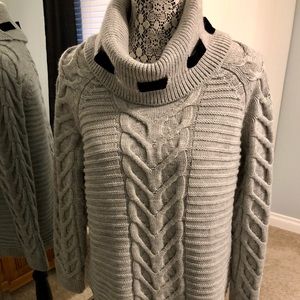 Karl Lagerfeld Cable Knit Sweater Soft Grey Cowl Neck Velvet Ribbon Detail Cozy